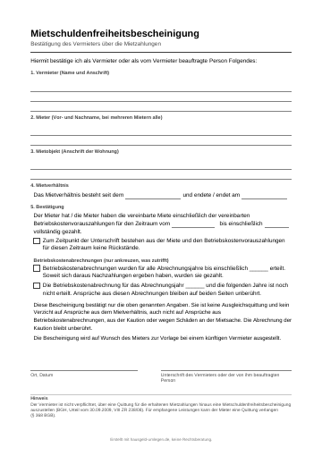 Leere Vorlage der Mietschuldenfreiheitsbescheinigung