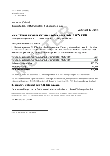 Erste Seite des Muster-Erhöhungsschreibens zur Indexmiete mit Aufdruck MUSTER