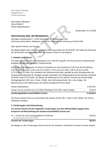 Erste Seite der Muster-Kautionsabrechnung mit Aufdruck MUSTER