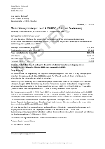 Erste Seite des Muster-Mieterhöhungsverlangens mit Aufdruck MUSTER