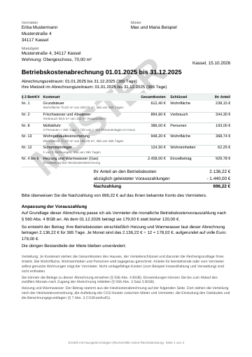 Erste Seite der Muster-Nebenkostenabrechnung für ein Zweifamilienhaus mit Aufdruck MUSTER