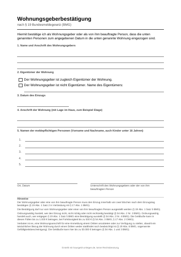 Erste Seite der leeren Vorlage der Wohnungsgeberbestätigung